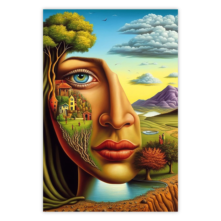 Poster Abstract Face - Portrait of a Woman Against the Background of Mountains and a Small Town 151151