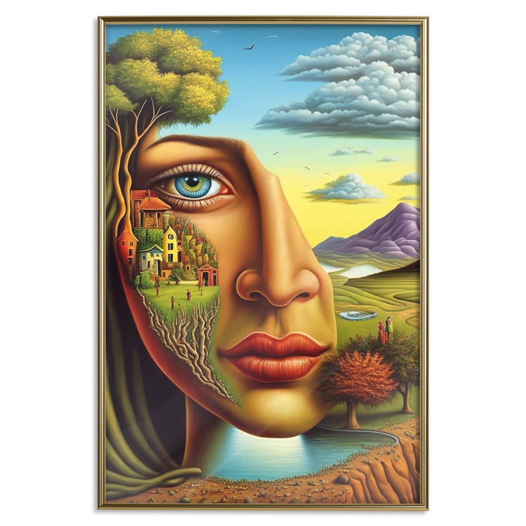 Poster Abstract Face - Portrait of a Woman Against the Background of Mountains and a Small Town 151151 additionalImage 12