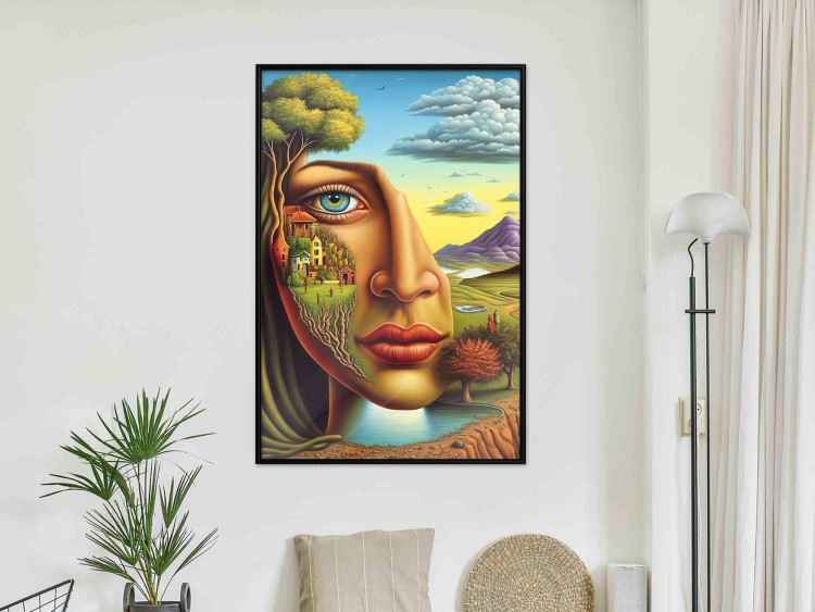 Poster Abstract Face - Portrait of a Woman Against the Background of Mountains and a Small Town 151151 additionalImage 7