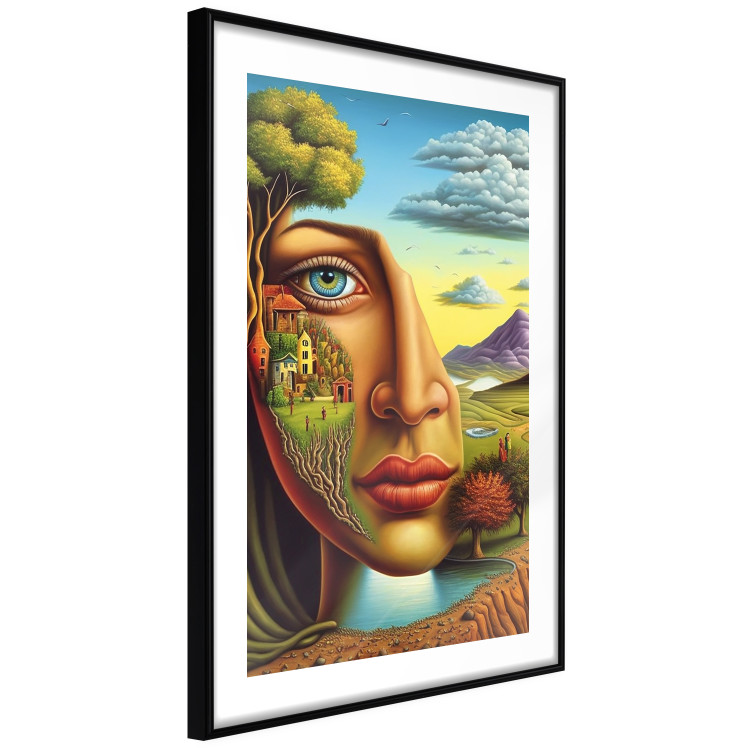 Poster Abstract Face - Portrait of a Woman Against the Background of Mountains and a Small Town 151151 additionalImage 5