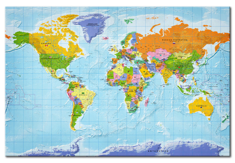 Leinwandbild Flaggen auf Kontinenten (1-teilig) - Bunte Weltkarte mit Schriftzug 95951