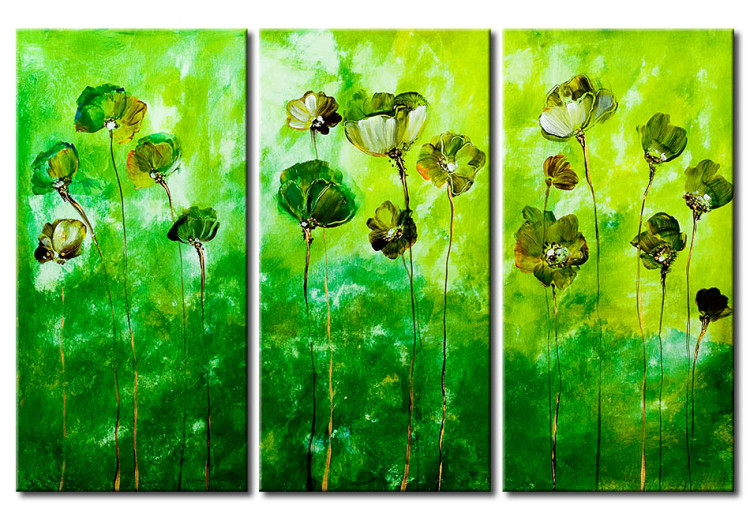 Leinwandbild Grüne Blumen (3-teilig) - Komposition mit dem Effekt einer Wiese 48571