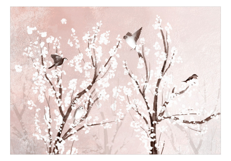 Vlies Fototapete Bäume mit weißen Blüten - Vögel auf Ästen vor rosa Hintergrund 144581 additionalImage 1