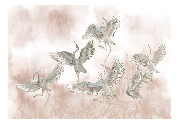 Vlies Fototapete Tanzende Reiher - eine Zeichnung von Vögeln in dynamischen Posen auf einem abstrakten Hintergrund in Puderrosa 138402 additionalImage 1