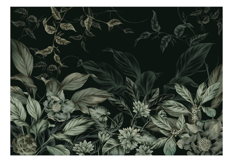 Vlies Fototapete Leaves and Flowers - Plant Motif in Shades of Dark Green 151523 additionalImage 1