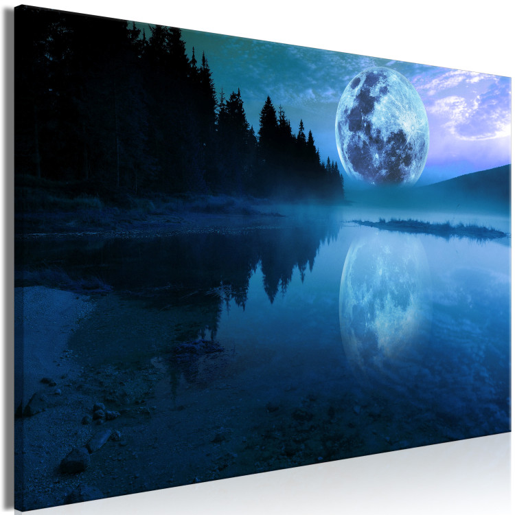 Foto auf Landschaften Mond über (1-teilig) - Mond Wandbilder - Nacht Abend Leinwand einem - See Leuchtender & Blauer 