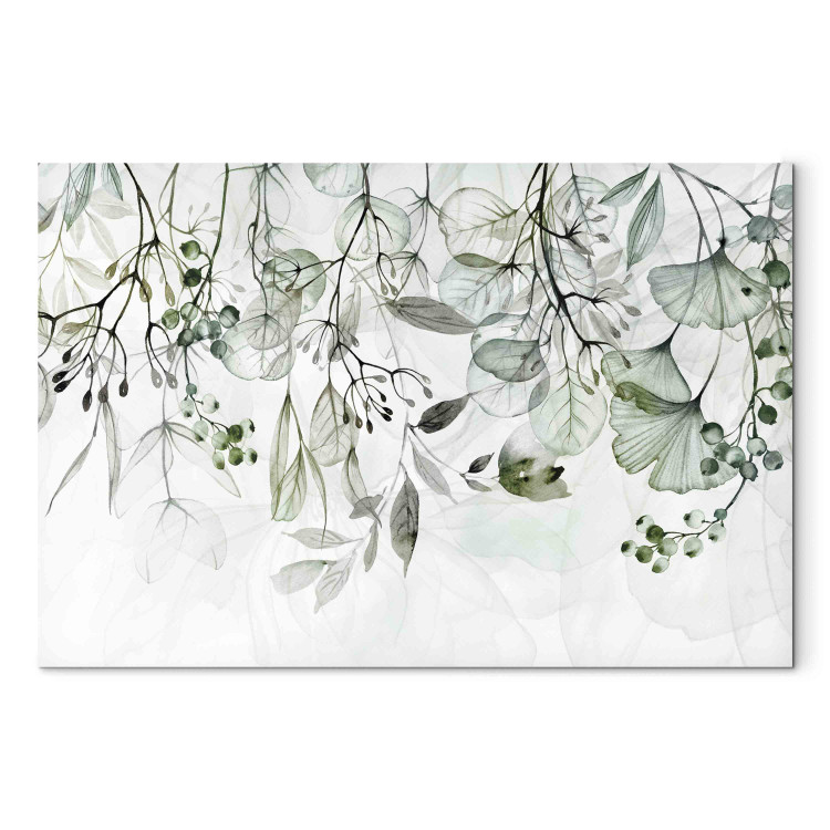 Leinwandbild XXL Watercolor Vegetation - Green Leaves and Flowers on a White Background [Large Format] 151483