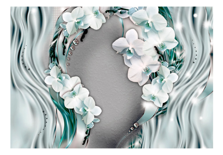 Vlies Fototapete Abstraktion - Orchideenblumen mit Perlen auf blauen Hintergrundtönen 60793 additionalImage 1