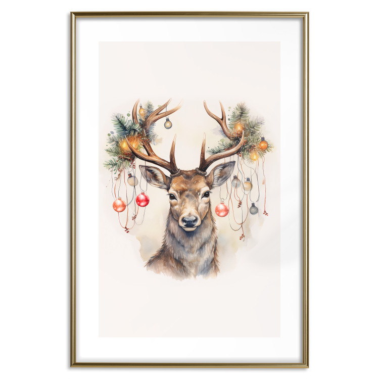 Wandposter Christmas Guest - Watercolor Illustration of a Deer With Ornamented Antlers 151714 additionalImage 25