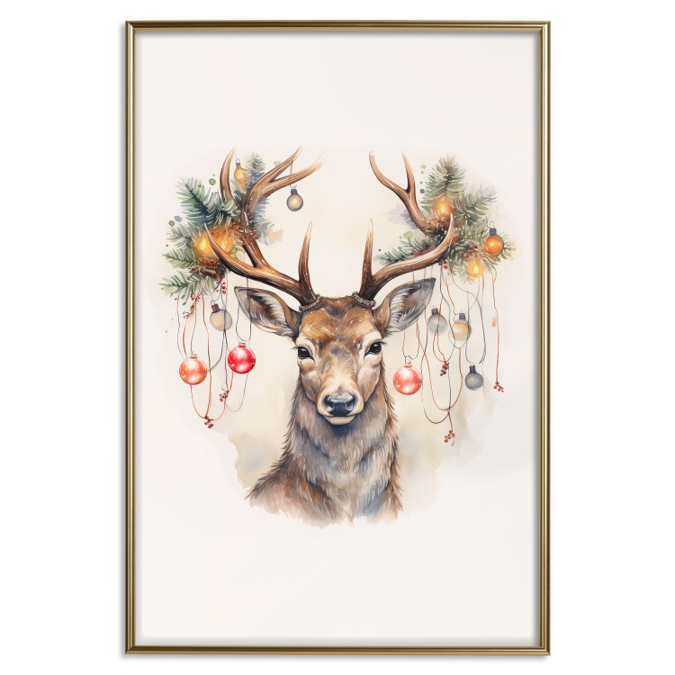 Wandposter Christmas Guest - Watercolor Illustration of a Deer With Ornamented Antlers 151714 additionalImage 23