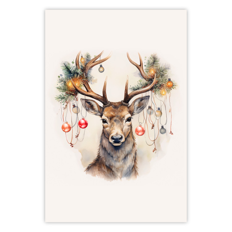 Wandposter Christmas Guest - Watercolor Illustration of a Deer With Ornamented Antlers 151714
