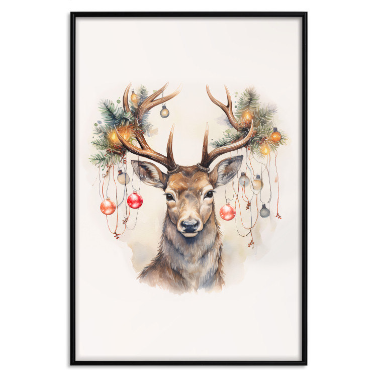 Wandposter Christmas Guest - Watercolor Illustration of a Deer With Ornamented Antlers 151714 additionalImage 21