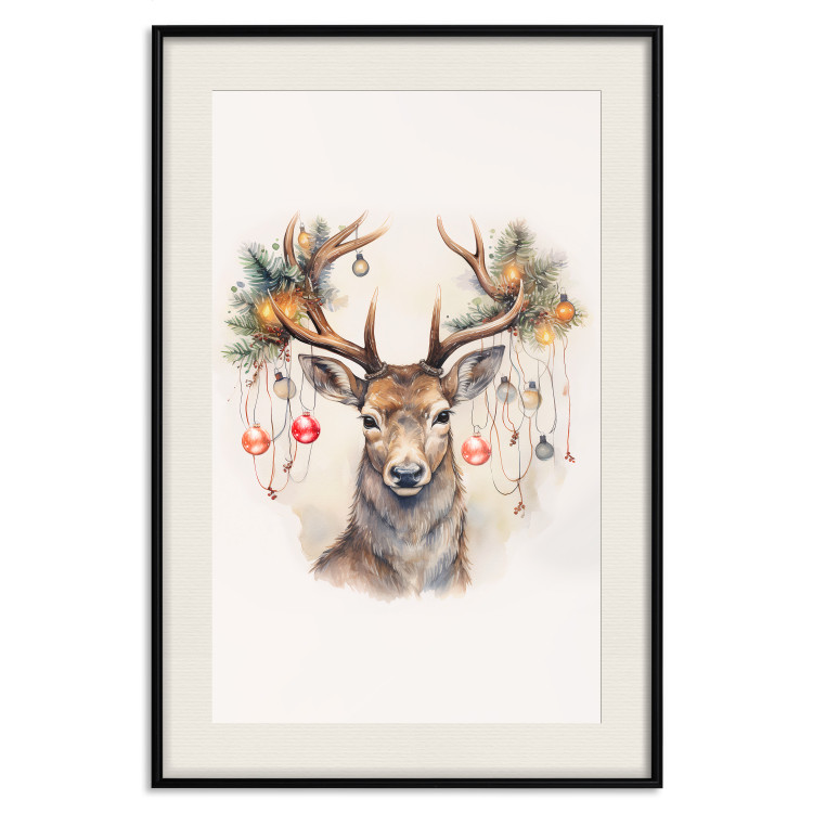 Wandposter Christmas Guest - Watercolor Illustration of a Deer With Ornamented Antlers 151714 additionalImage 20