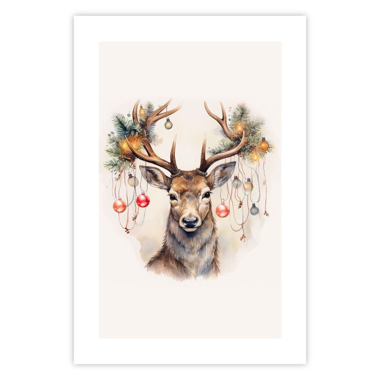 Wandposter Christmas Guest - Watercolor Illustration of a Deer With Ornamented Antlers 151714 additionalImage 12