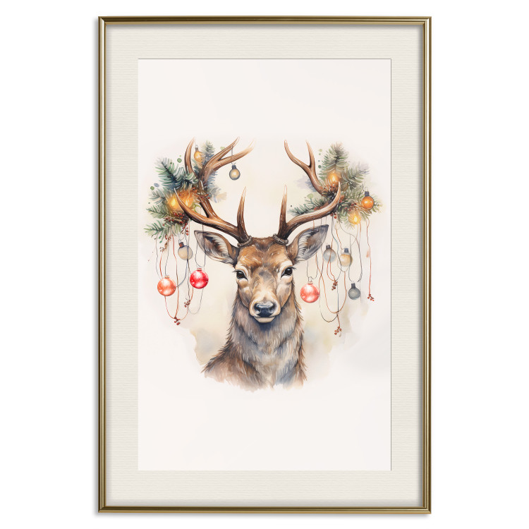 Wandposter Christmas Guest - Watercolor Illustration of a Deer With Ornamented Antlers 151714 additionalImage 26
