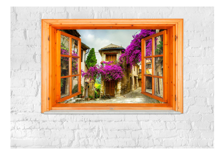 Vlies Fototapete Blick aus dem Fenster - eine farbenfrohe, toskanische Landschaft auf einem weißen Backsteinhintergrund 88974 additionalImage 1