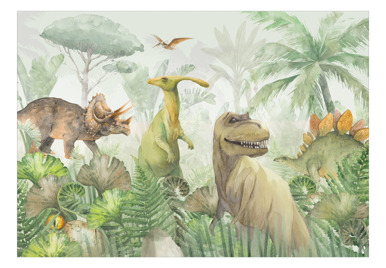 Vlies Fototapete Dinosaurs - Watercolor Reptiles in a Prehistoric Jungle in Greens 148605 additionalImage 1