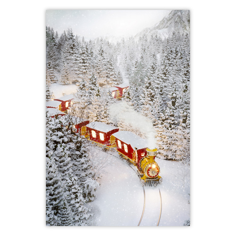 Poster Christmas Train - A Red Train Going Through a Snow-Covered Forest 151705