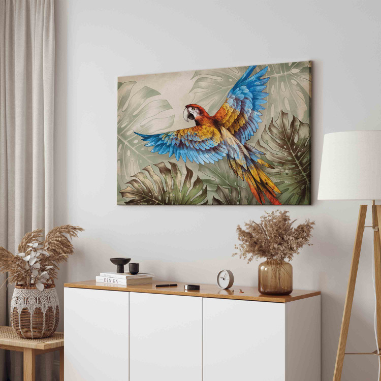 Wandbild Parrot in the Jungle - A Colorful Bird Among the Delicate Leaves of a Monstera 151525 additionalImage 4