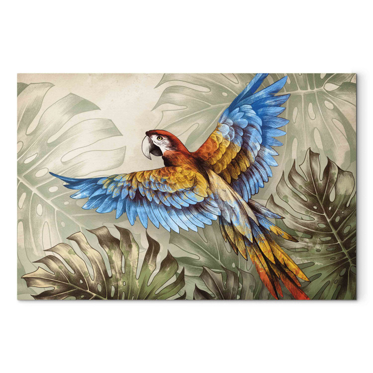 Wandbild Parrot in the Jungle - A Colorful Bird Among the Delicate Leaves of a Monstera 151525