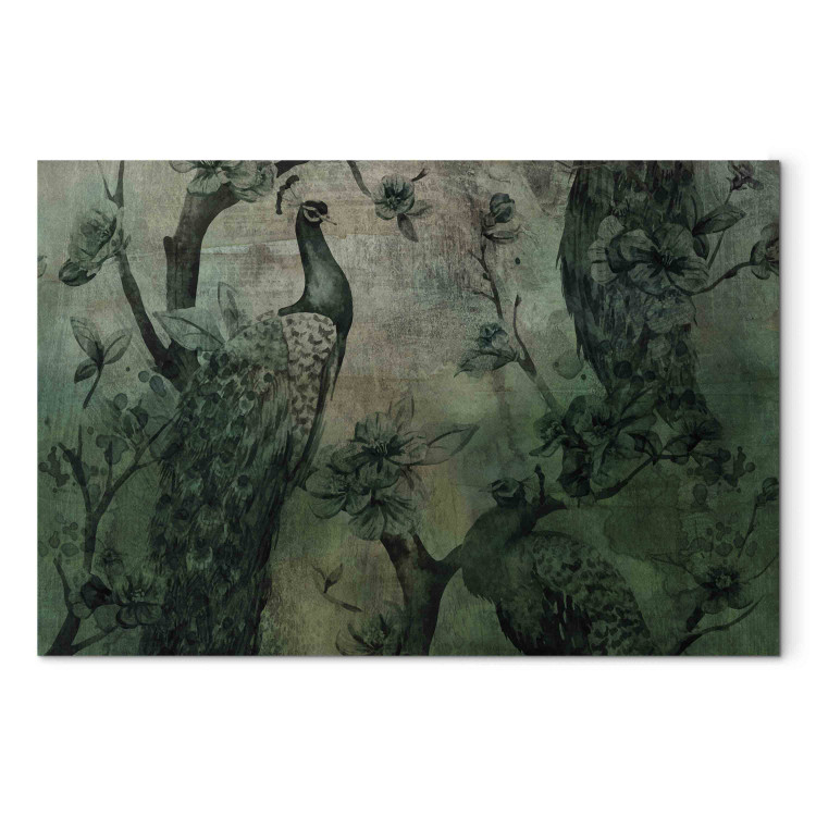 Leinwandbild XXL Dark Green Peacocks - Vintage Composition With Birds and Flowers [Large Format] 151235