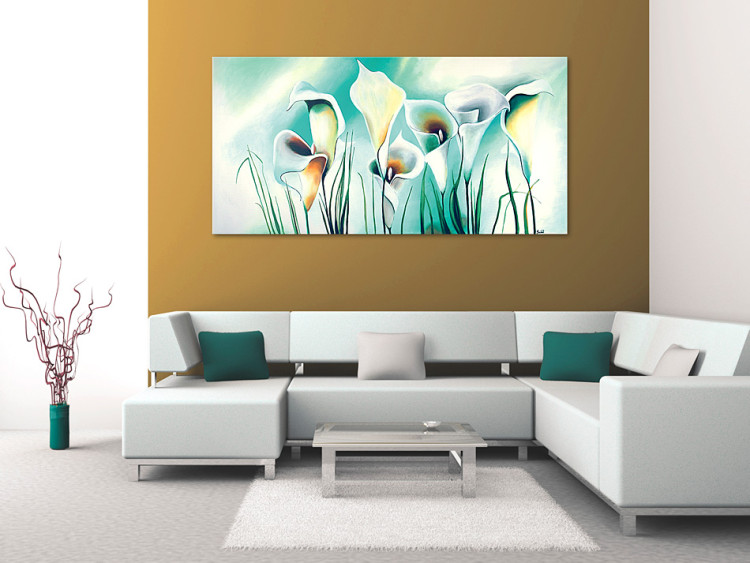 Bild auf Leinwand Kalie (1-teilig) - Motiv weißer Blumen mit türkisfarbenem Muster 46635 additionalImage 2