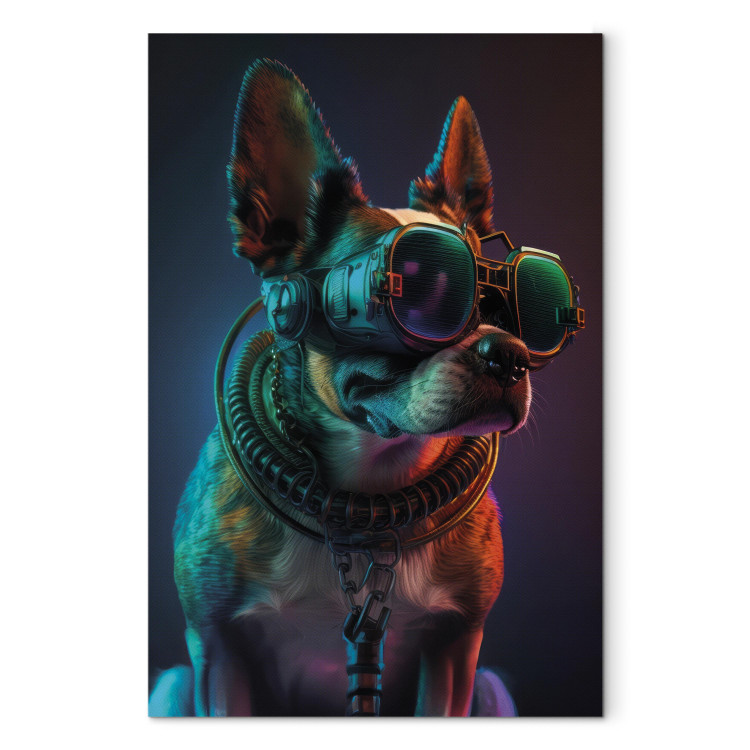Leinwandbild AI Boston Terrier Dog - Green Cyber Animal Wearing Cyberpunk Glasses - Vertical 150165