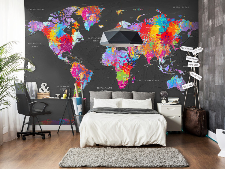Vlies Fototapete Weltkarte - Kontinente mit englischen Namen auf grauem Hintergrund 95016