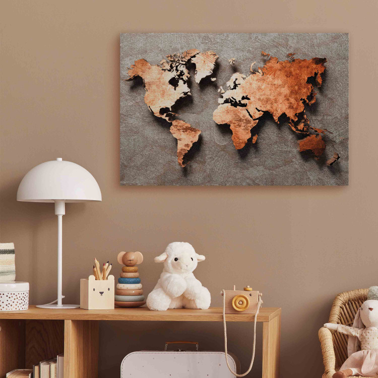 Bild auf Leinwand Copper Map of the World - Orange Outline of Countries on a Gray Background 151236 additionalImage 11