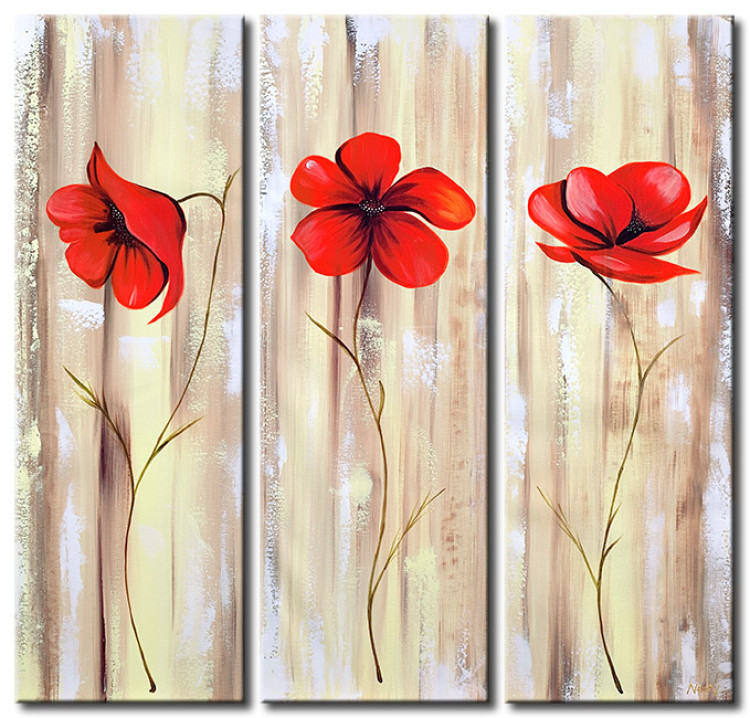 Bild auf Leinwand Drei Mohnblumen (3-teilig) - Blumen Mohn mit Holzmaserung 48536