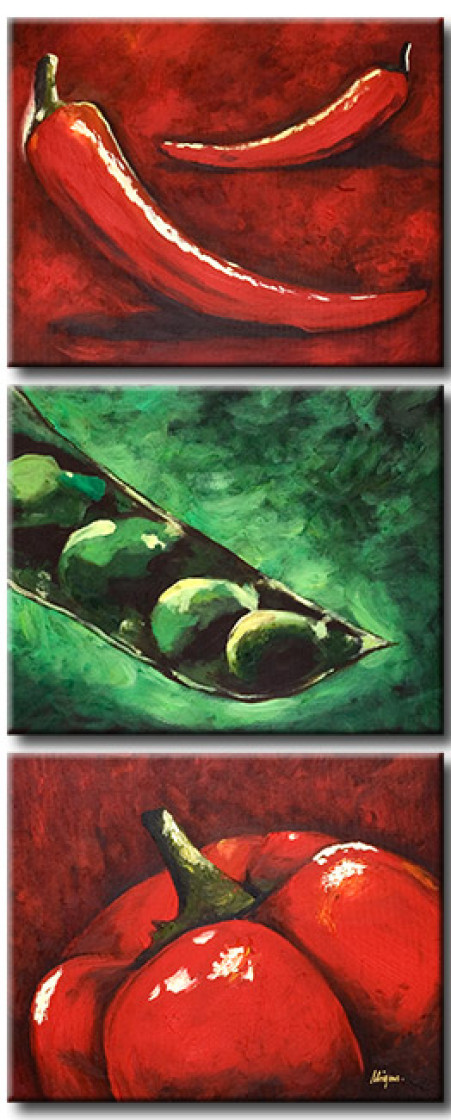 Leinwandbild Gemaltes Gemüse (3-teilig) - Grüne Erbsen und rote Paprika 46746