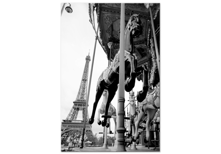 Leinwandbild Pariser Karussell - Schwarz-Weiß-Foto mit Blick auf den Eiffelturm 132266