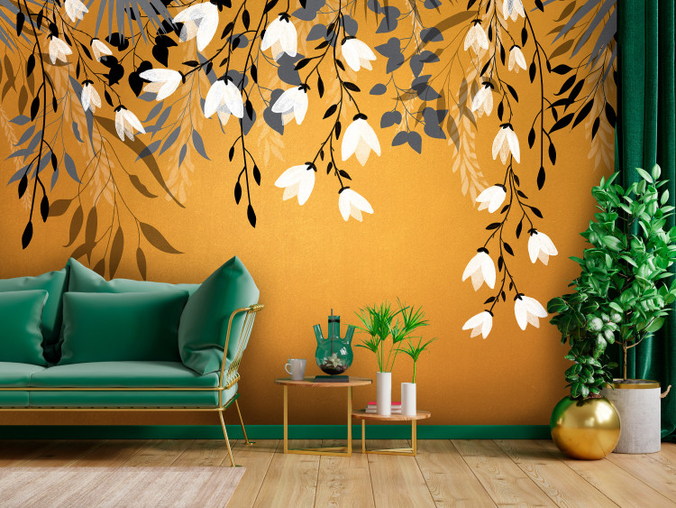 Vlies Fototapete Orange Energie - Landschaft mit Blattkomposition und weißen Blüten 143517