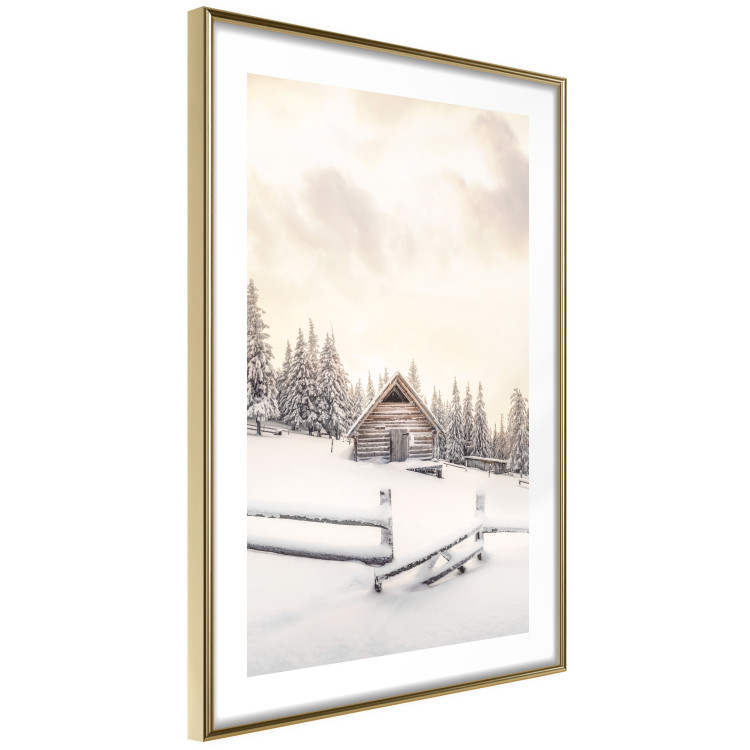 Wandposter Winter Cottage - Sunrise Landscape Over a Mountain Cottage and a Forest 149057 additionalImage 2