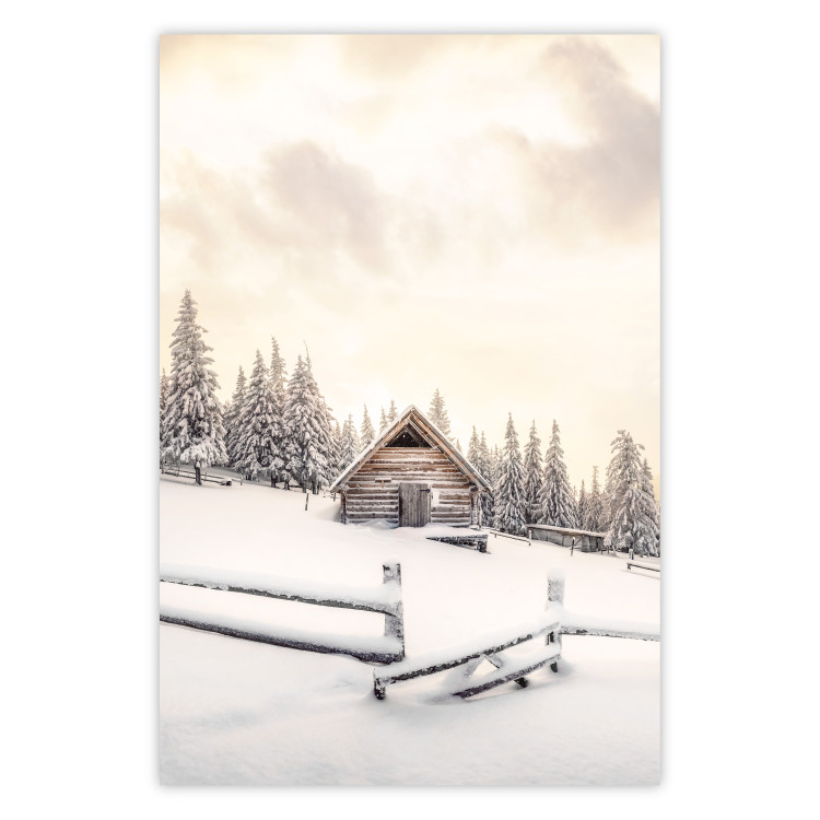 Wandposter Winter Cottage - Sunrise Landscape Over a Mountain Cottage and a Forest 149057