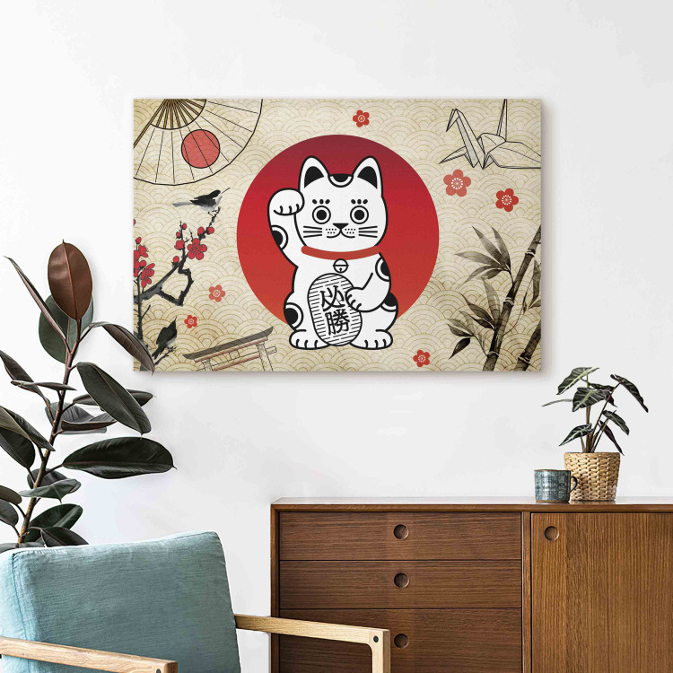 Bild auf Leinwand Maneki-Neko - Asian Cat With a Nodding Paw Against a Background of Japanese Symbols 151277 additionalImage 5