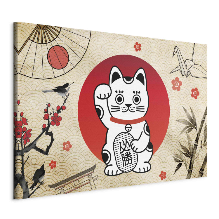 Bild auf Leinwand Maneki-Neko - Asian Cat With a Nodding Paw Against a Background of Japanese Symbols 151277 additionalImage 2