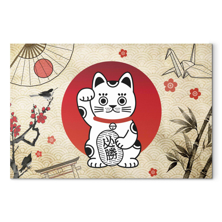 Bild auf Leinwand Maneki-Neko - Asian Cat With a Nodding Paw Against a Background of Japanese Symbols 151277 additionalImage 7