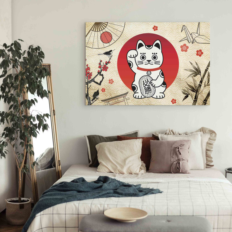 Bild auf Leinwand Maneki-Neko - Asian Cat With a Nodding Paw Against a Background of Japanese Symbols 151277 additionalImage 3
