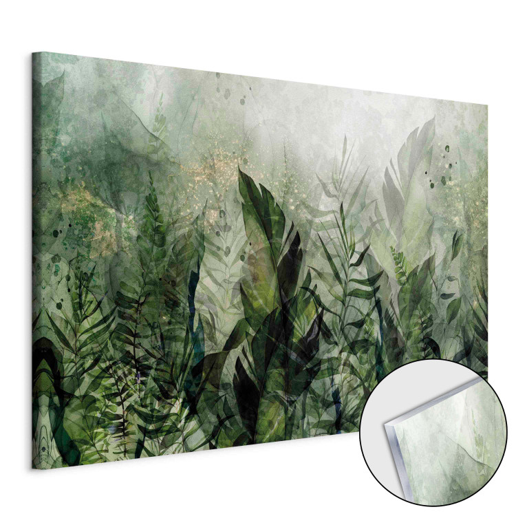 Bild auf Acrylglas In the Morning Dew - A Landscape of Leaves on a Green Shimmering Background [Glass] 151497