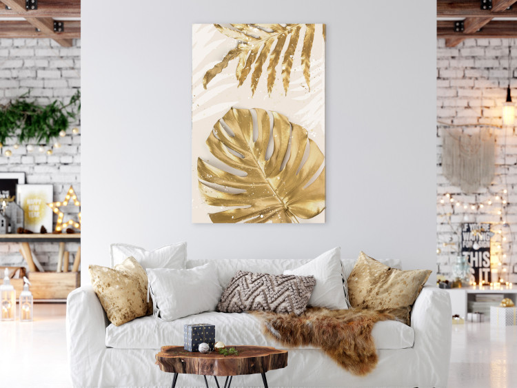 Leinwandbild Golden Leaves With a Monstera - Elegant Plants With a Festive Atmosphere 148428 additionalImage 3