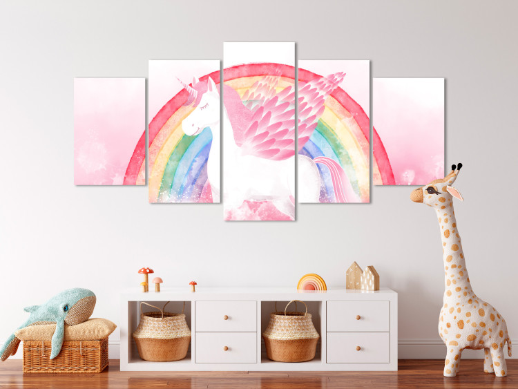 Bild auf Leinwand The Pink Power of the Unicorn - A Winged Animal Against a Rainbow Background 151438 additionalImage 3