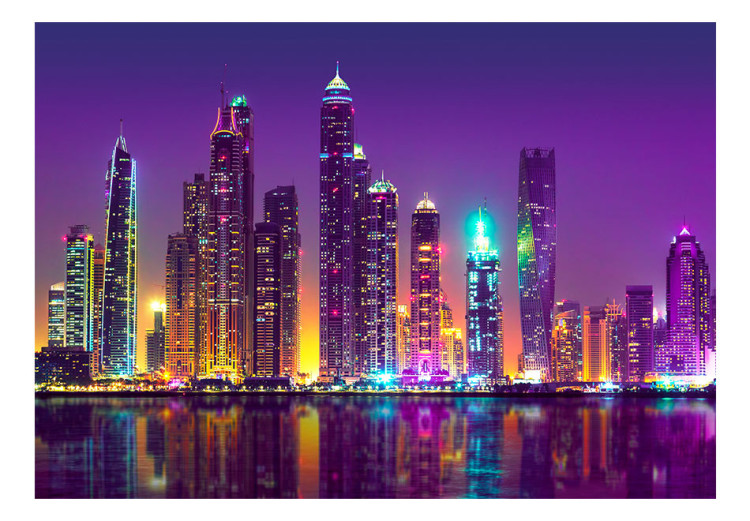 Vlies Fototapete Purpurne Nächte in Dubai - Wolkenkratzer Panorama und Wasserspiegelung 90558 additionalImage 1