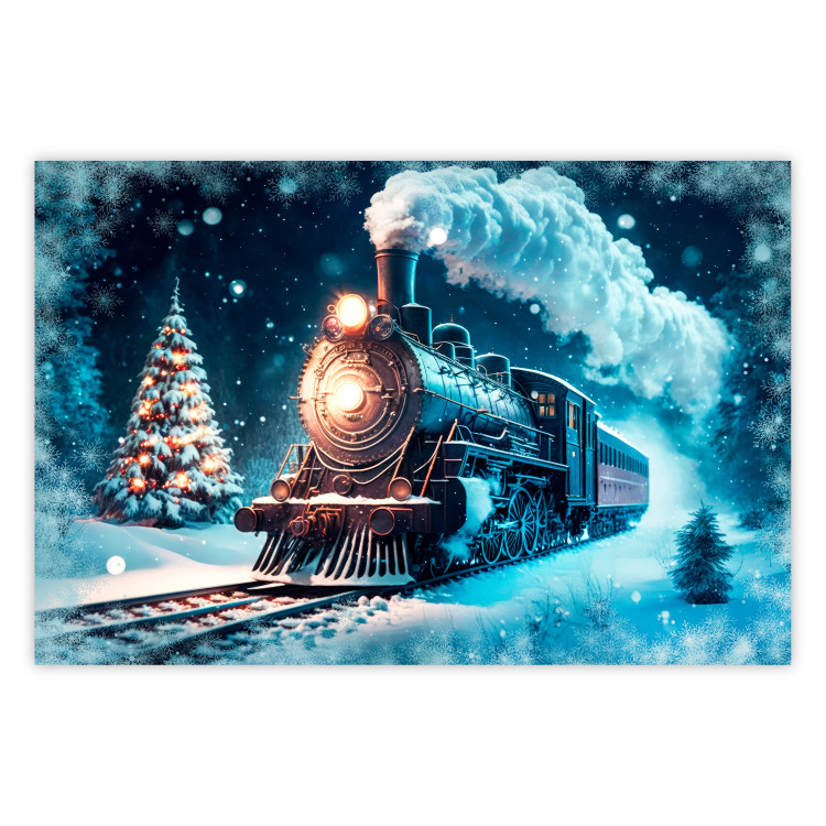 Poster Christmas Locomotive - A Train Traveling Through a Snowy Forest at Night 151868