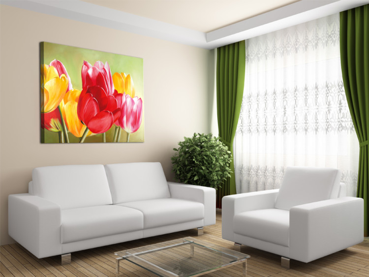Leinwandbild Frische Tulpen (1-tlg.) - bunte Blumen grüner Hintergrund 48668 additionalImage 2