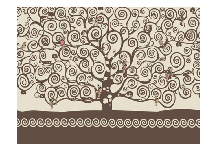 Vlies Fototapete Abstraktion im Stil von Gustav Klimt - Brauner Spiralenbaum mit Vögeln 97688 additionalImage 1