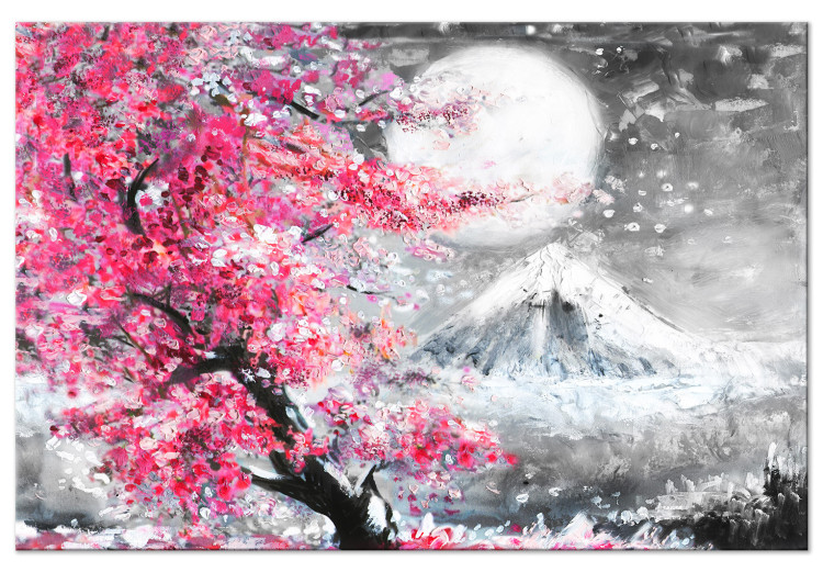 Wandbild Blossoming Cherry - Japanese Motif Against the Background of a Landscape With a Mountain and the Moon 147709