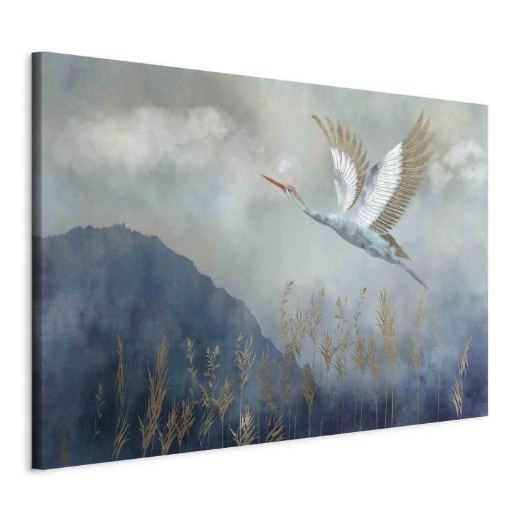 Wandbild A Heron in Flight - A Bird Flying Against the Background of Dark Blue Mountains Covered With Fog 151209 additionalImage 2