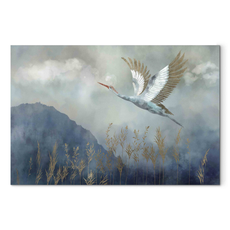 Wandbild A Heron in Flight - A Bird Flying Against the Background of Dark Blue Mountains Covered With Fog 151209 additionalImage 7