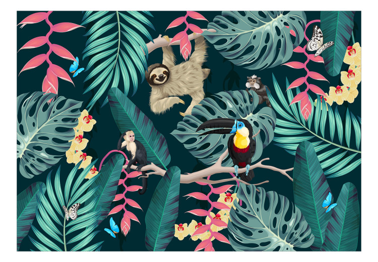 Fototapete Sloth and Monkeys - Exotic Jungle With Birds on a Dark Background 148579 additionalImage 1